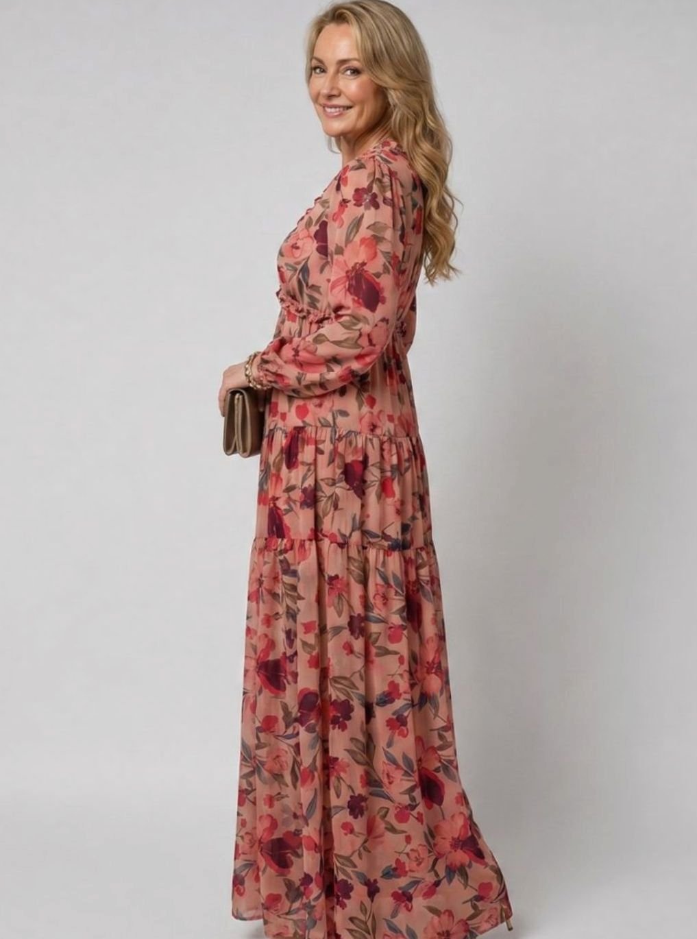 Women's Floral Tiered Long-Sleeve V-Neck Maxi Dress, Pink
