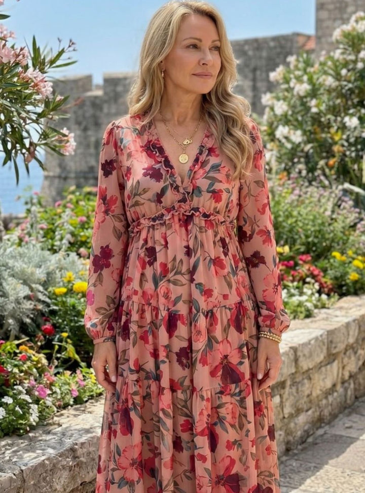 Women's Floral Tiered Long-Sleeve V-Neck Maxi Dress, Pink