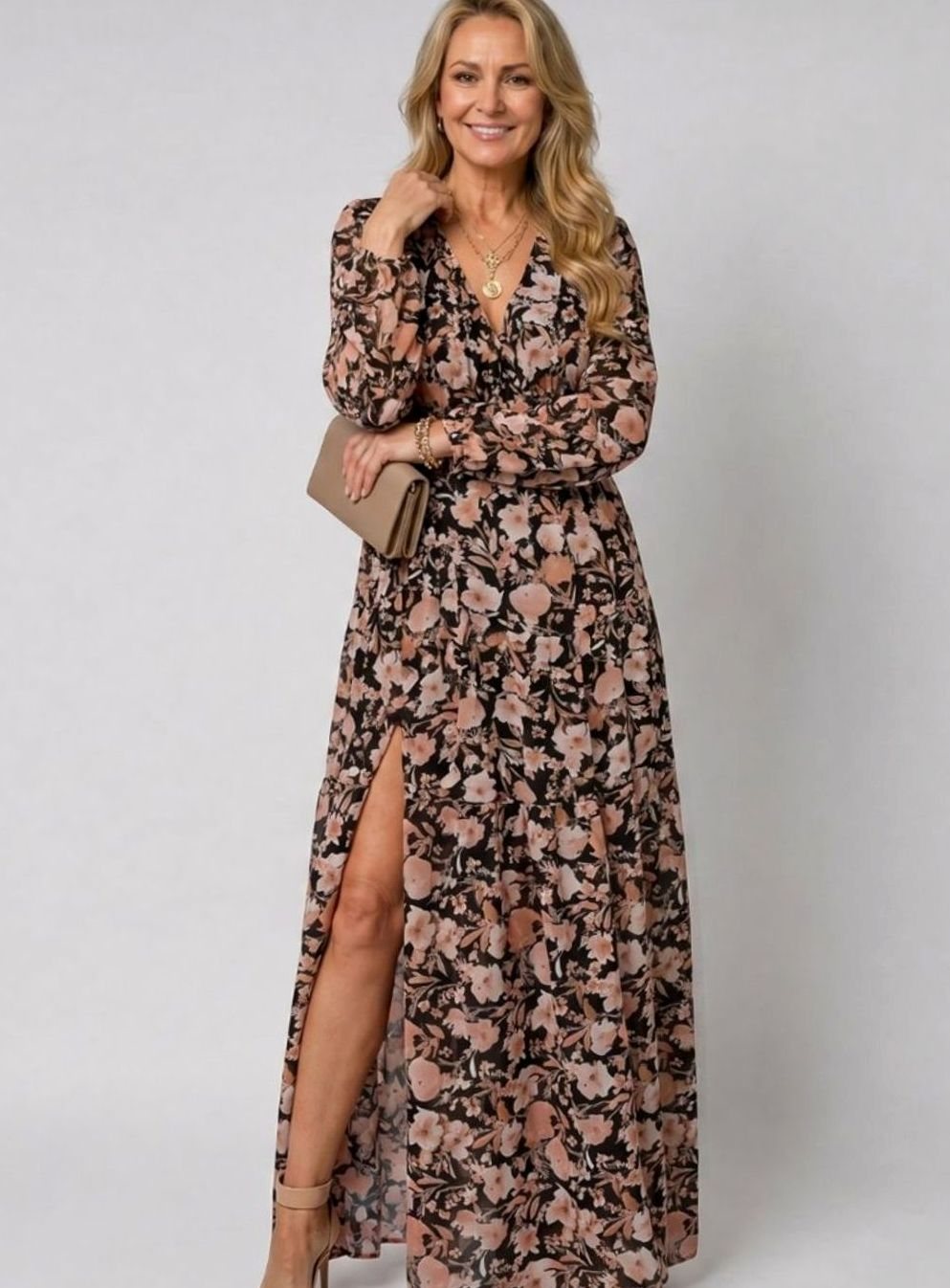 Women's Floral Tiered Long-Sleeve V-Neck Maxi Dress, Pink