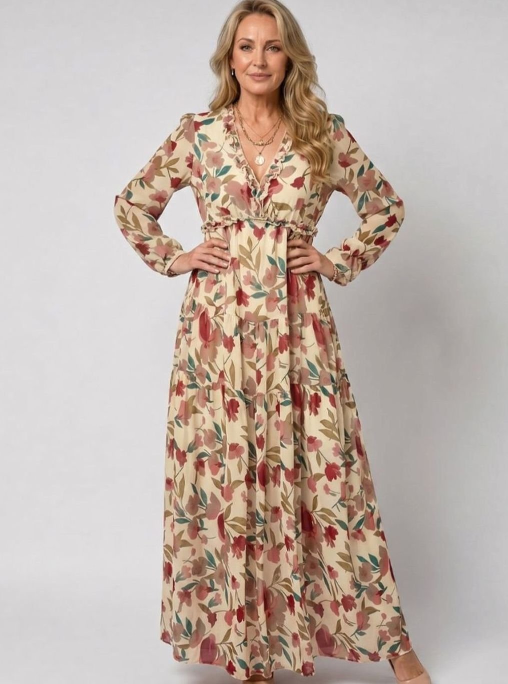 Women's Floral Tiered Long-Sleeve V-Neck Maxi Dress, Pink