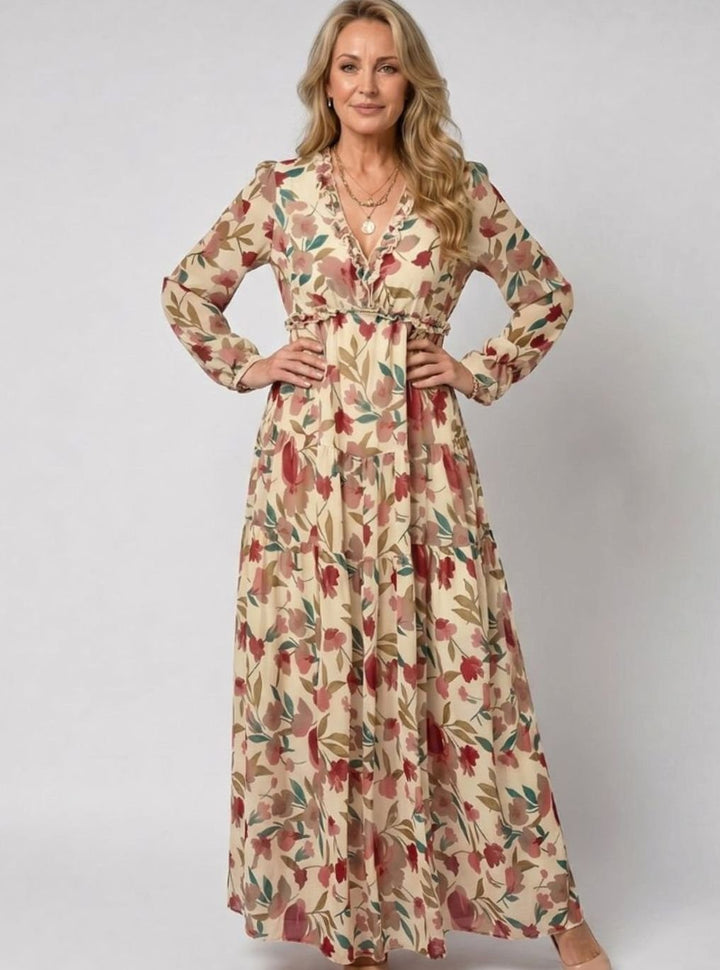 Women's Floral Tiered Long-Sleeve V-Neck Maxi Dress, Pink