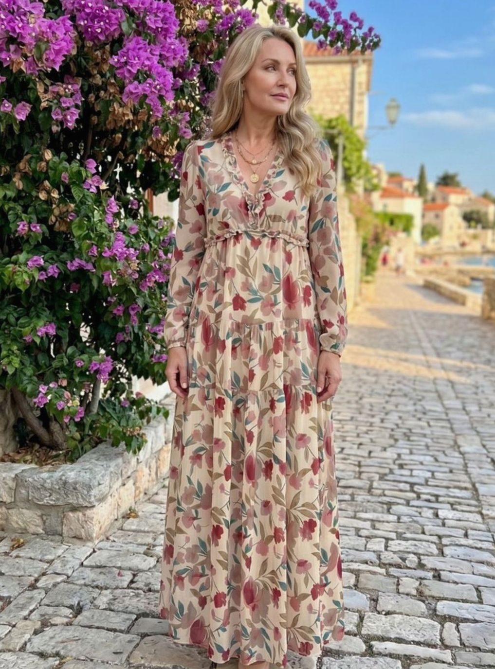 Women's Floral Tiered Long-Sleeve V-Neck Maxi Dress, Pink