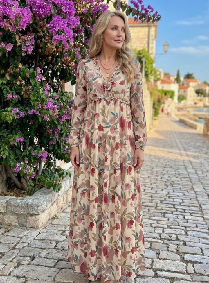 Women's Floral Tiered Long-Sleeve V-Neck Maxi Dress, Pink