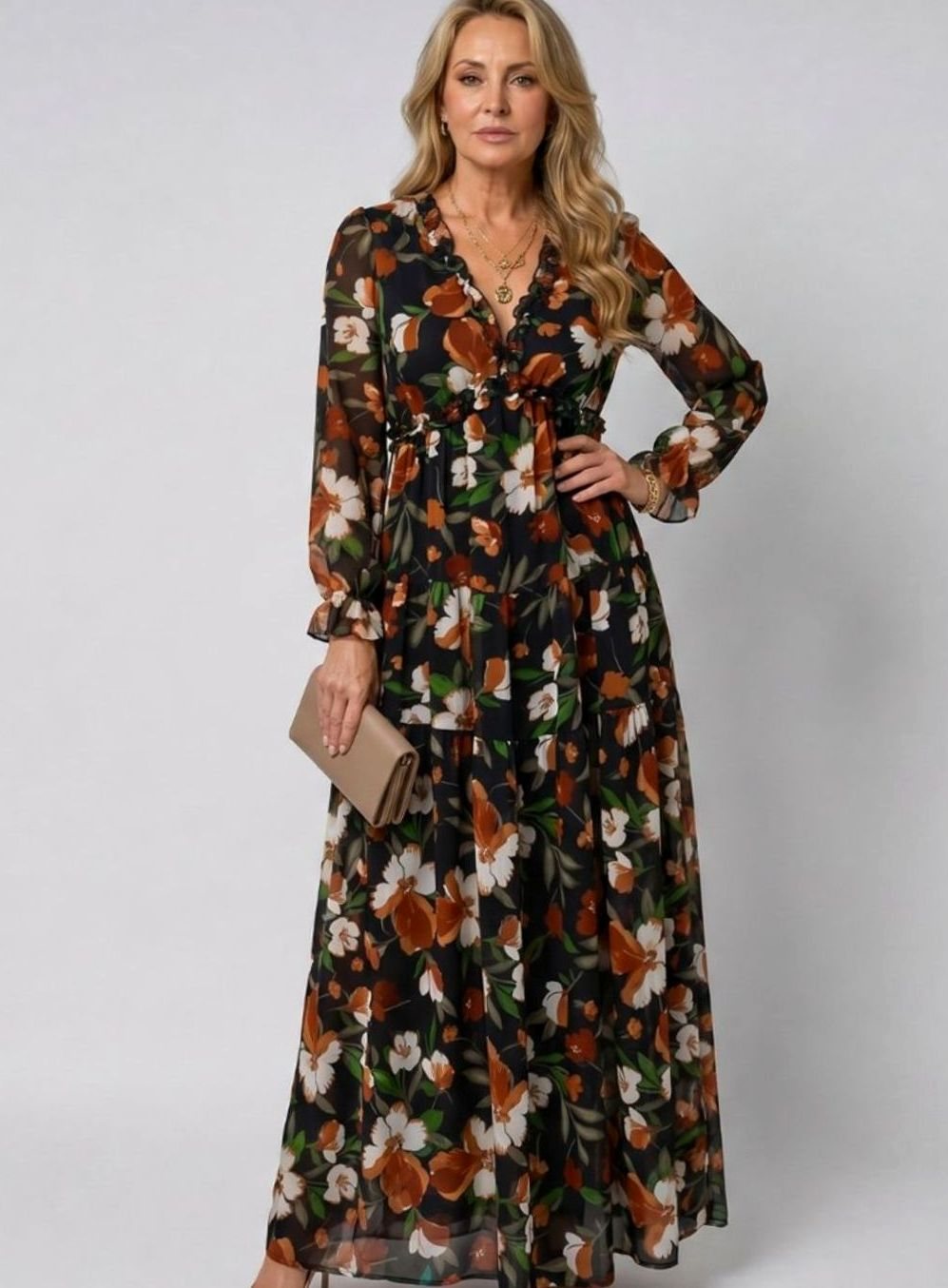 Women's Floral Tiered Long-Sleeve V-Neck Maxi Dress, Pink