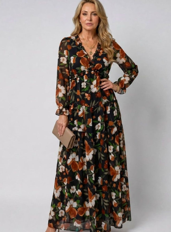 Women's Floral Tiered Long-Sleeve V-Neck Maxi Dress, Pink