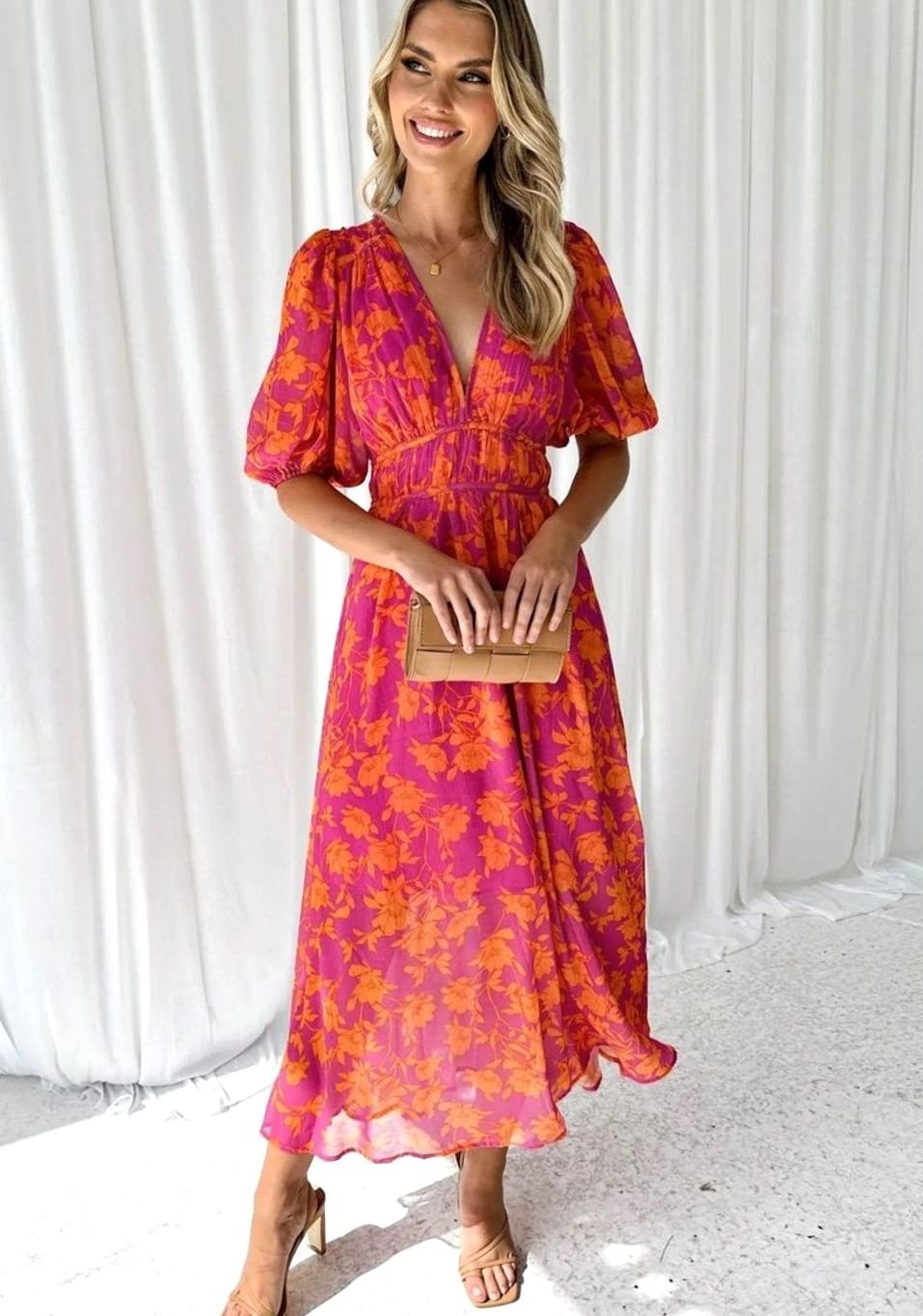 Women's Floral V-Neck Puff Sleeve Gathered-Waist Midi Day Dress