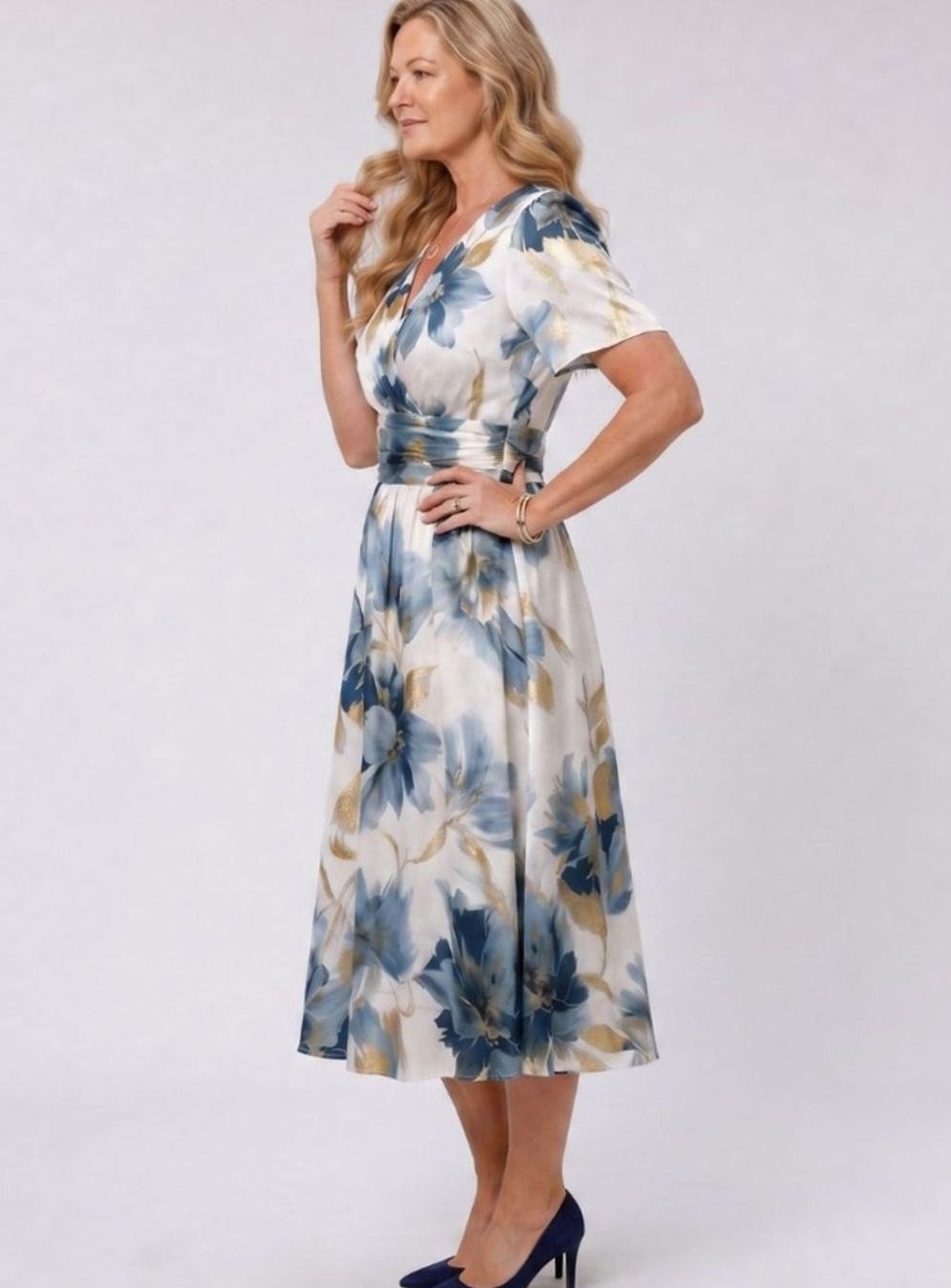Women's Floral Wrap V-Neck Flutter-Sleeve Midi Dress