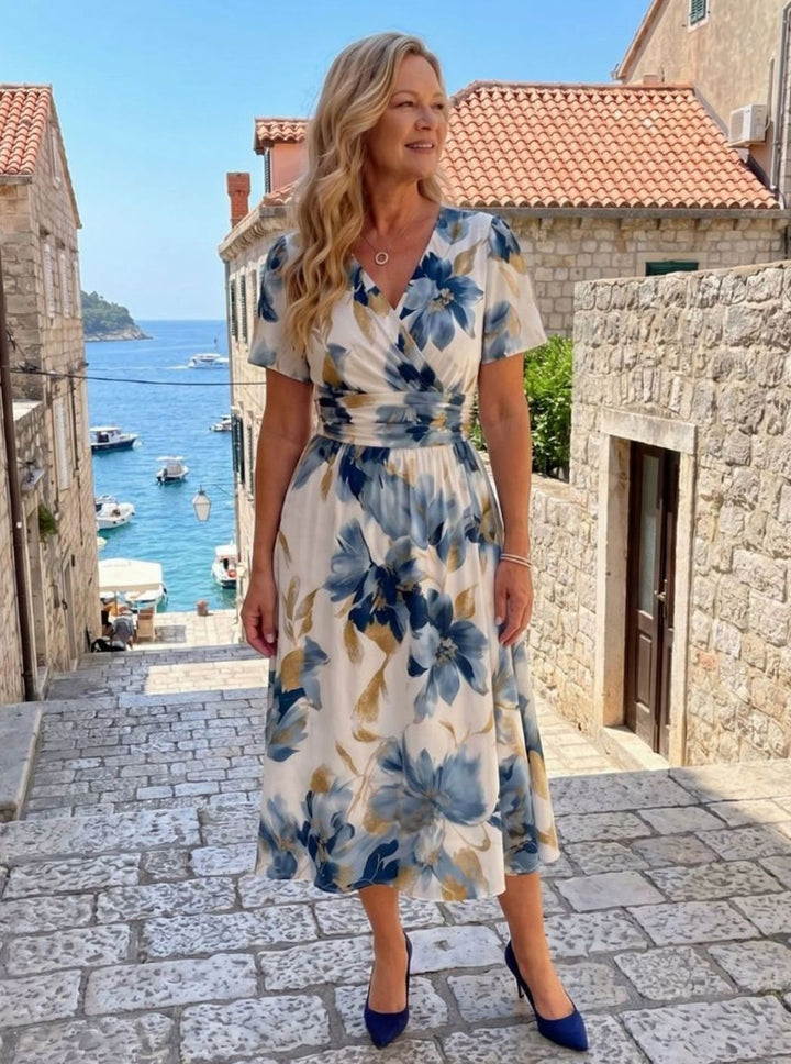 Women's Floral Wrap V-Neck Flutter-Sleeve Midi Dress