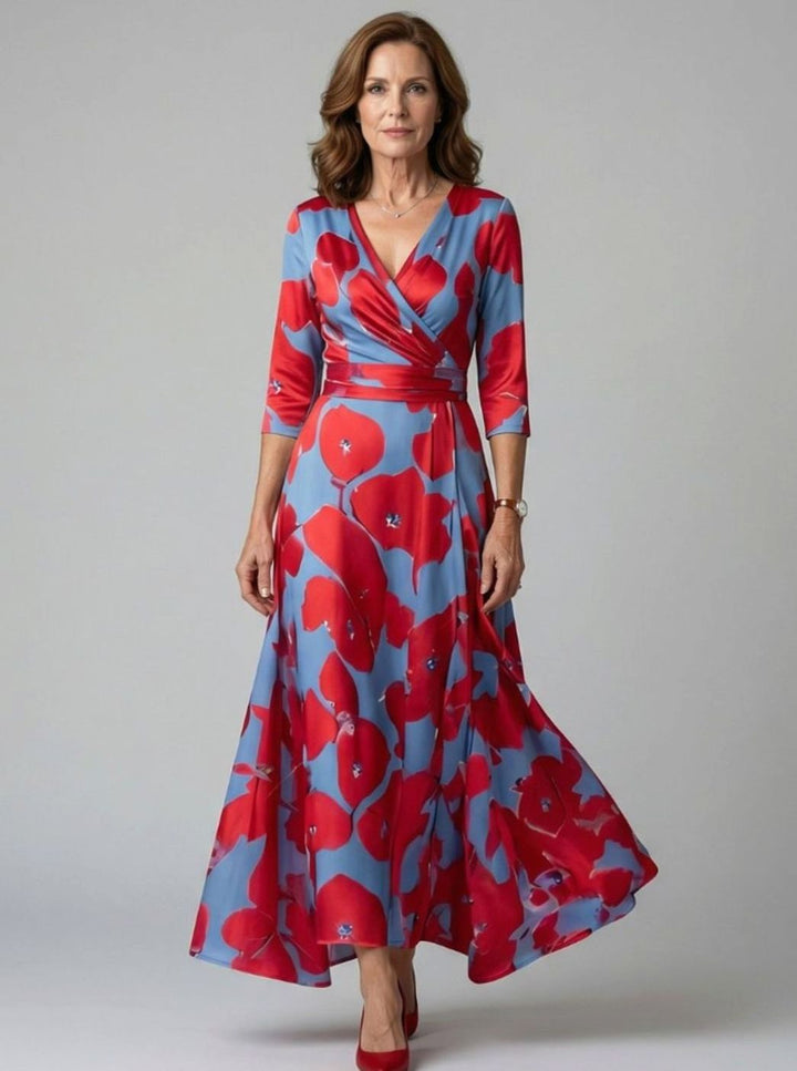 Women's Floral Wrap V-Neck Three-Quarter Sleeve Midi Dress
