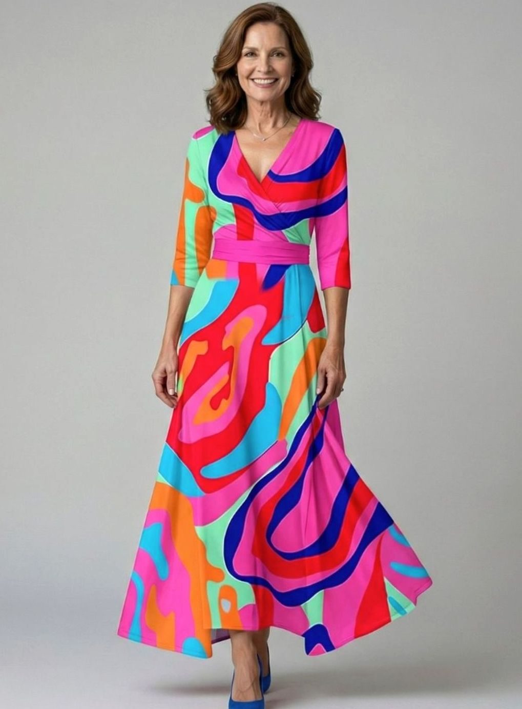 Women's Floral Wrap V-Neck Three-Quarter Sleeve Midi Dress