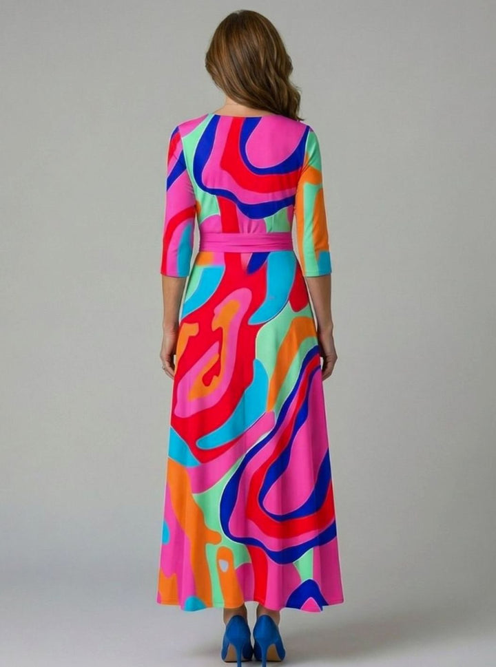 Women's Floral Wrap V-Neck Three-Quarter Sleeve Midi Dress