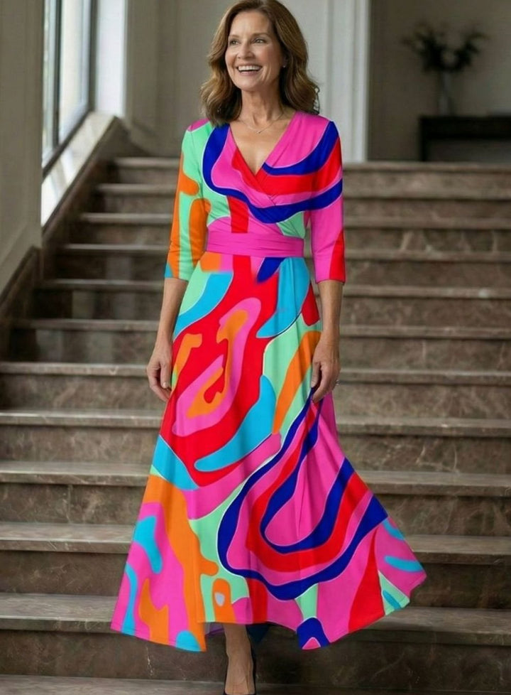 Women's Floral Wrap V-Neck Three-Quarter Sleeve Midi Dress