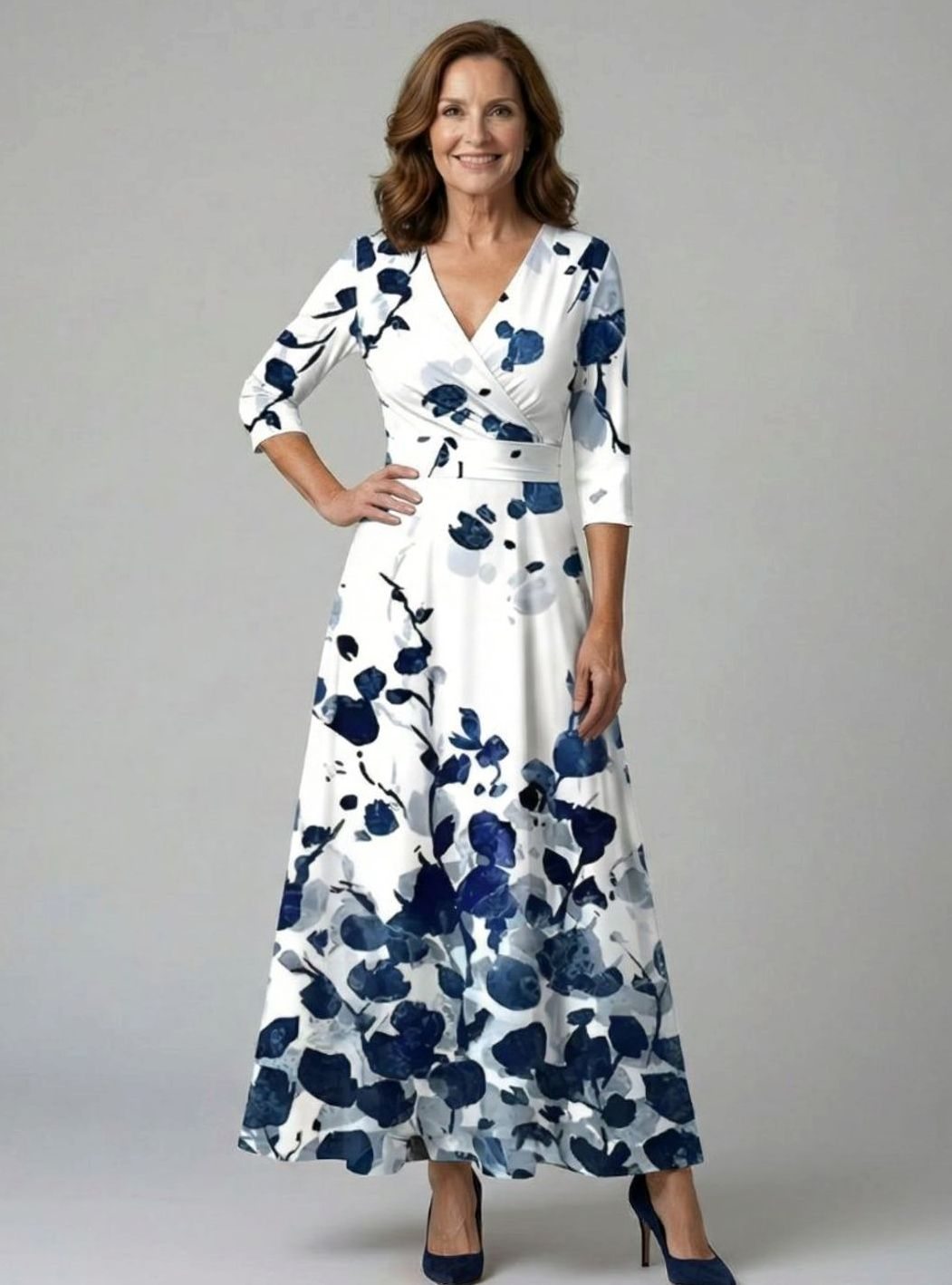 Women's Floral Wrap V-Neck Three-Quarter Sleeve Midi Dress