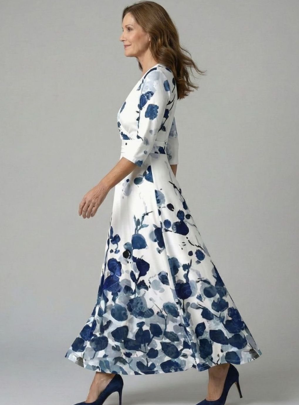 Women's Floral Wrap V-Neck Three-Quarter Sleeve Midi Dress