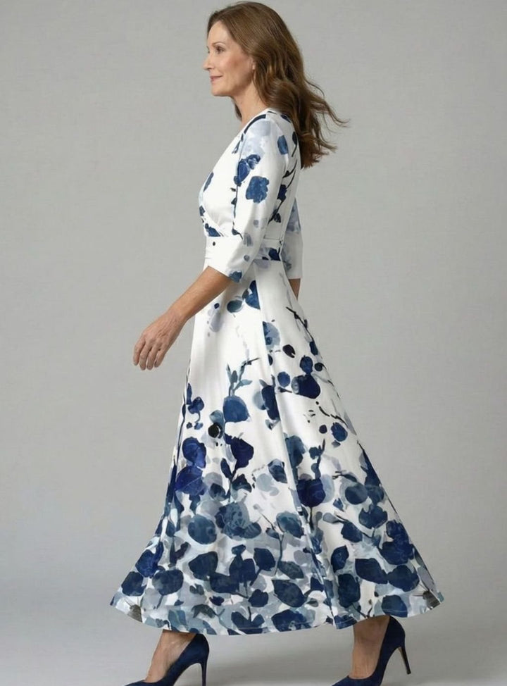 Women's Floral Wrap V-Neck Three-Quarter Sleeve Midi Dress