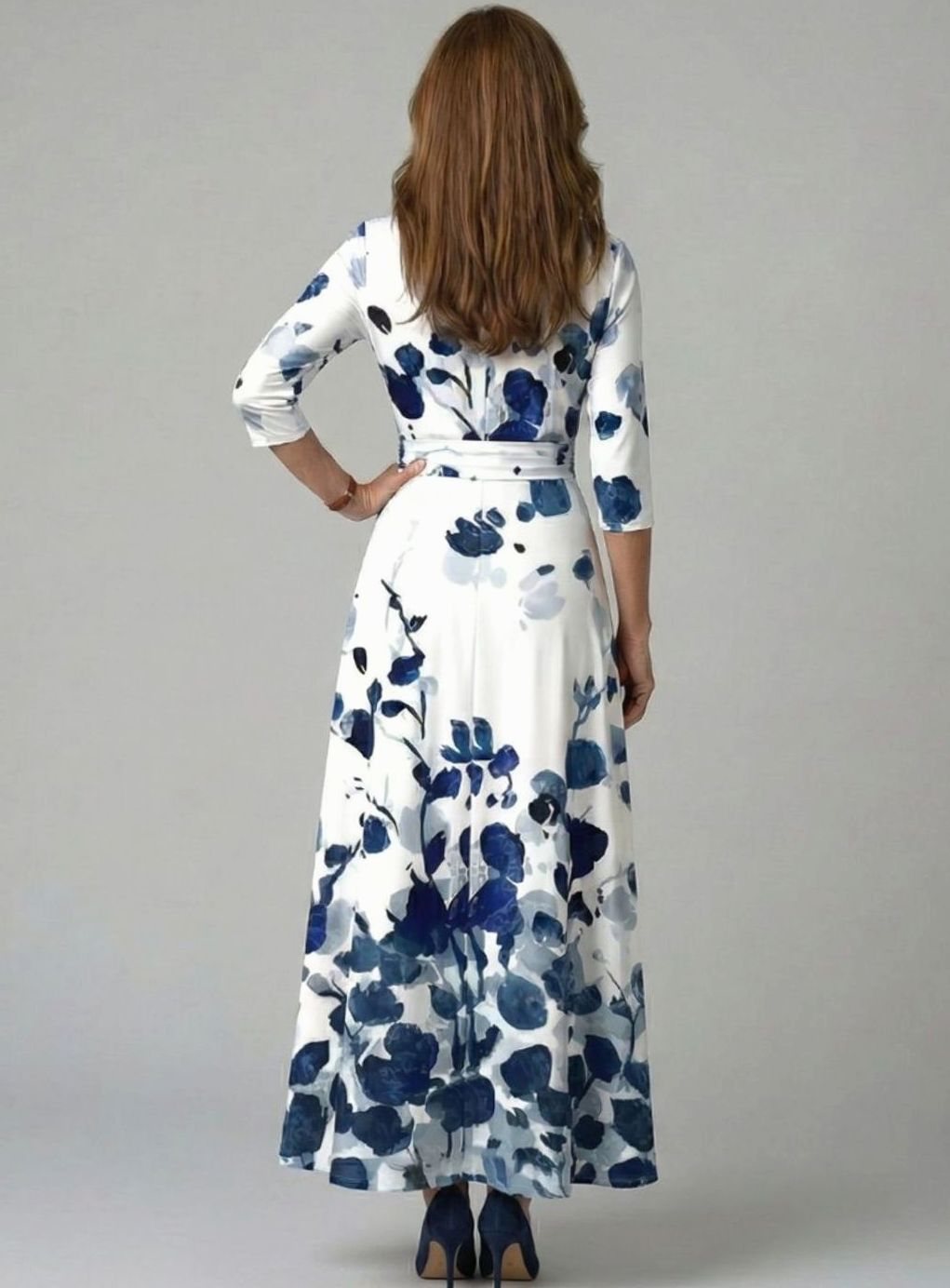 Women's Floral Wrap V-Neck Three-Quarter Sleeve Midi Dress