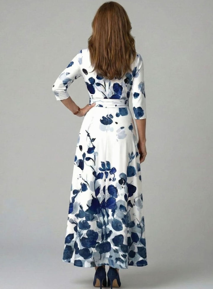 Women's Floral Wrap V-Neck Three-Quarter Sleeve Midi Dress