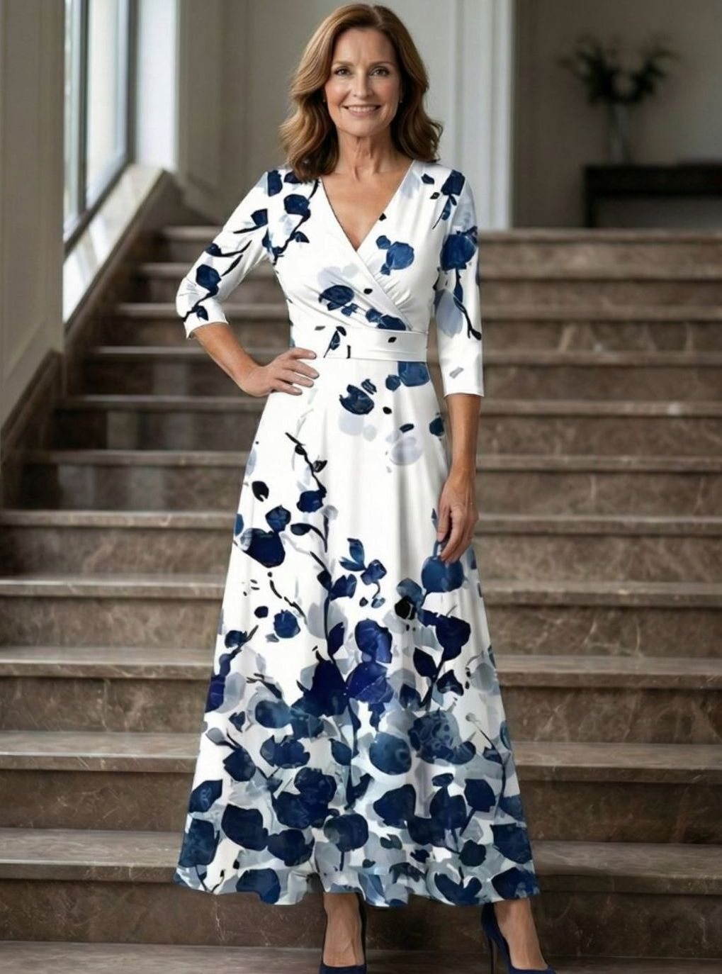 Women's Floral Wrap V-Neck Three-Quarter Sleeve Midi Dress
