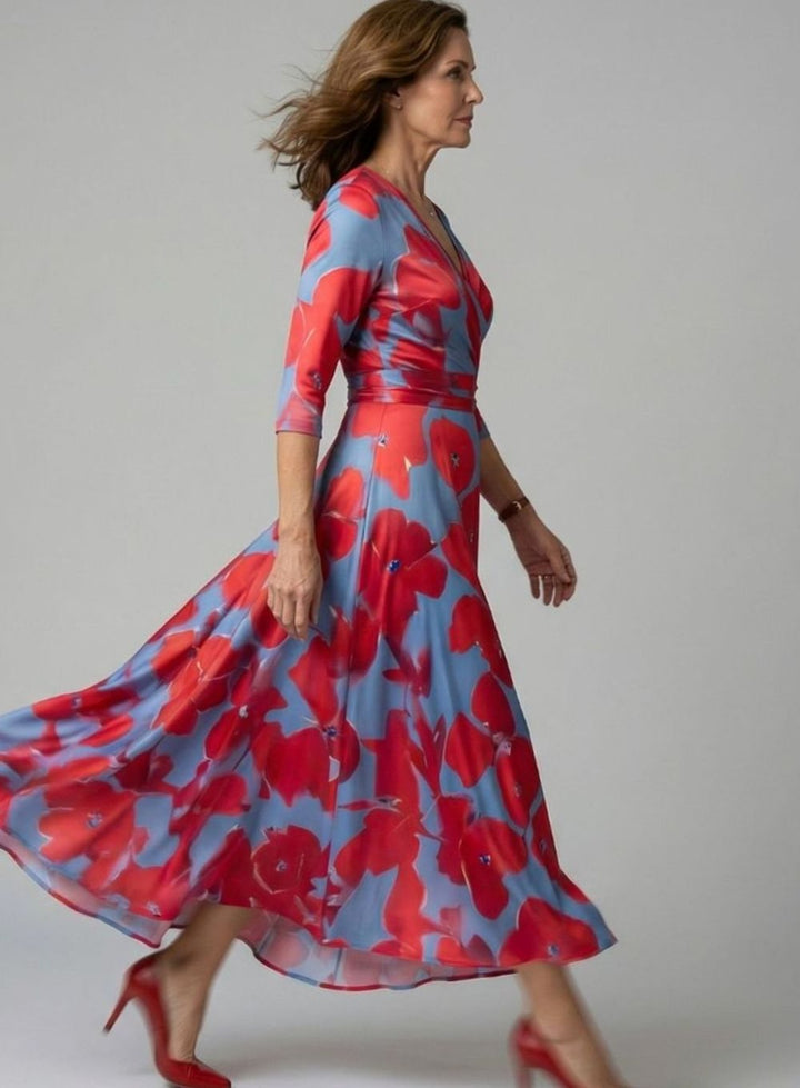 Women's Floral Wrap V-Neck Three-Quarter Sleeve Midi Dress