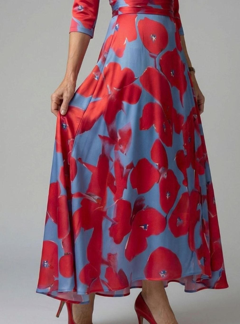Women's Floral Wrap V-Neck Three-Quarter Sleeve Midi Dress