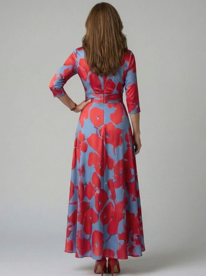Women's Floral Wrap V-Neck Three-Quarter Sleeve Midi Dress
