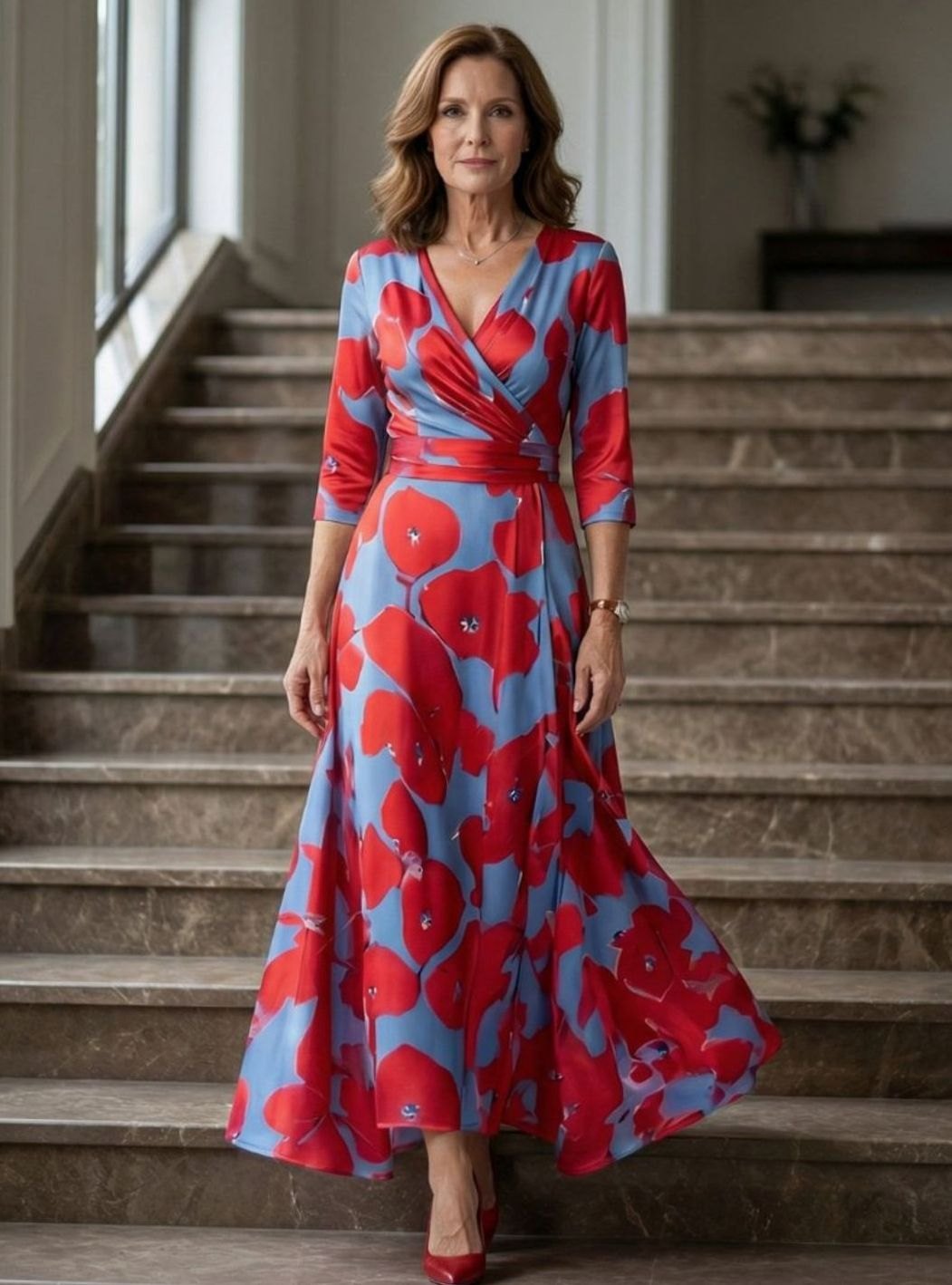 Women's Floral Wrap V-Neck Three-Quarter Sleeve Midi Dress