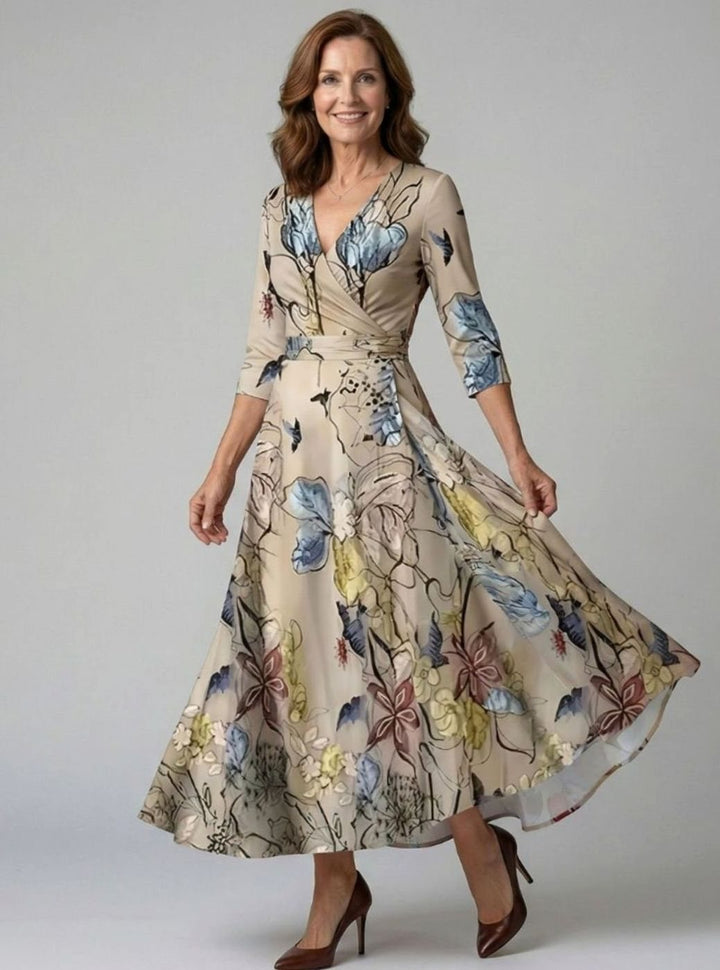 Women's Floral Wrap V-Neck Three-Quarter Sleeve Midi Dress