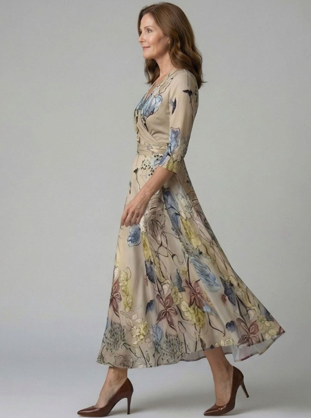 Women's Floral Wrap V-Neck Three-Quarter Sleeve Midi Dress
