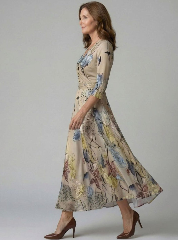 Women's Floral Wrap V-Neck Three-Quarter Sleeve Midi Dress