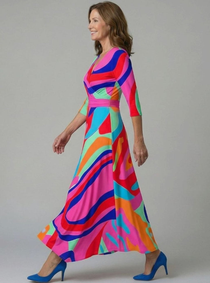Women's Floral Wrap V-Neck Three-Quarter Sleeve Midi Dress