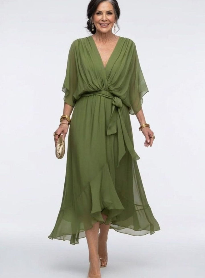 Women's Flowy V-Neck Waist-Tie Chiffon Midi Party Dress