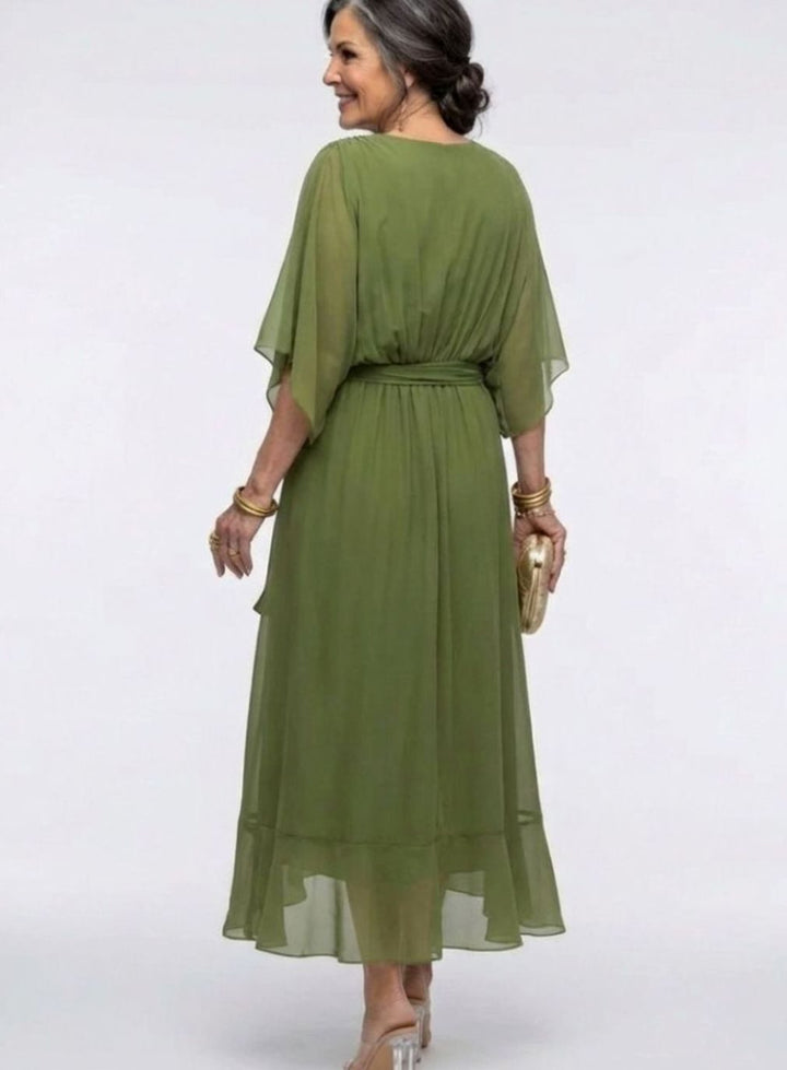 Women's Flowy V-Neck Waist-Tie Chiffon Midi Party Dress