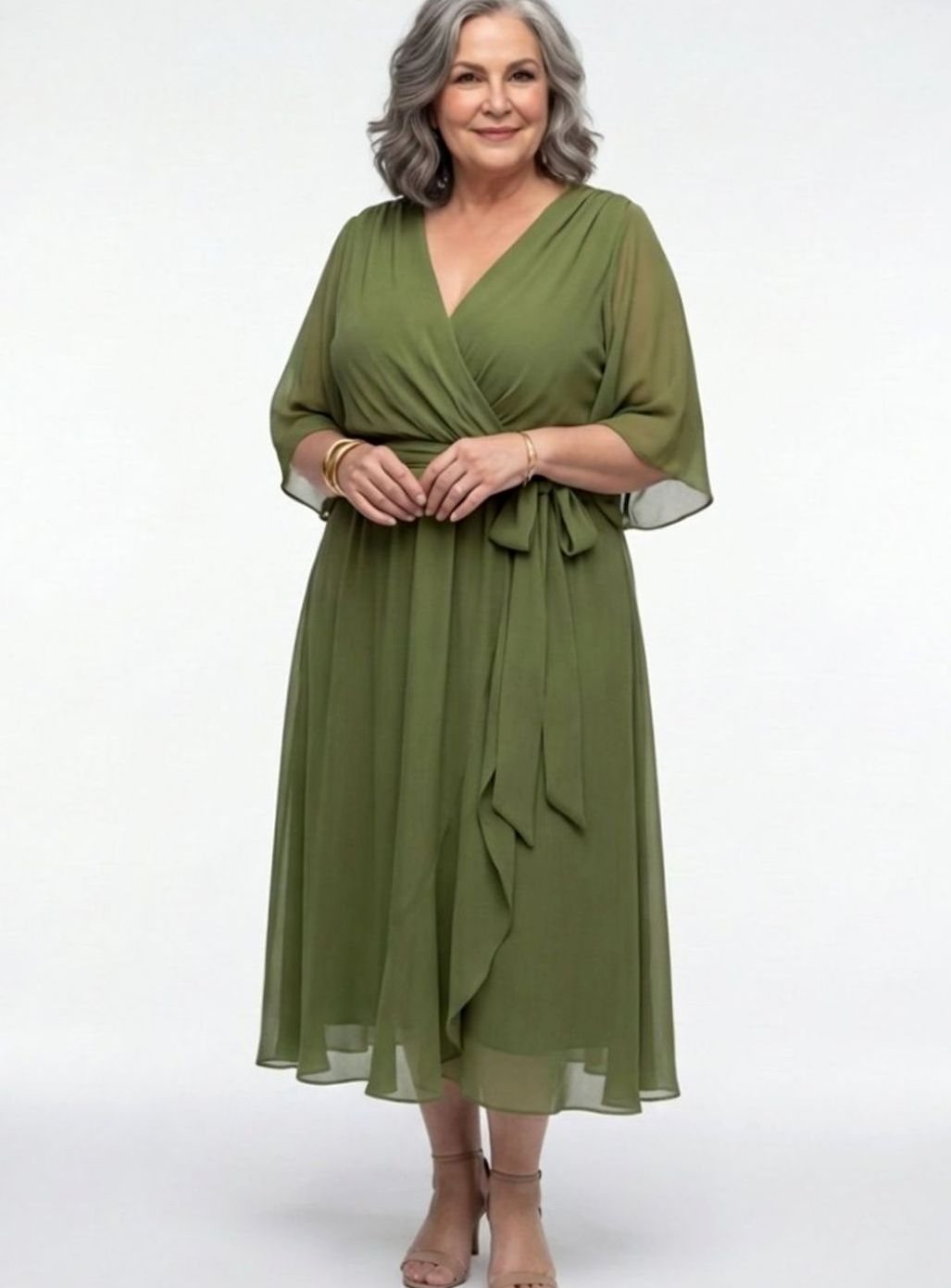 Women's Flowy V-Neck Waist-Tie Chiffon Midi Party Dress