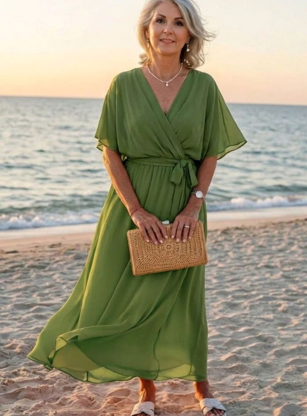 Women's Flowy V-Neck Waist-Tie Chiffon Midi Party Dress