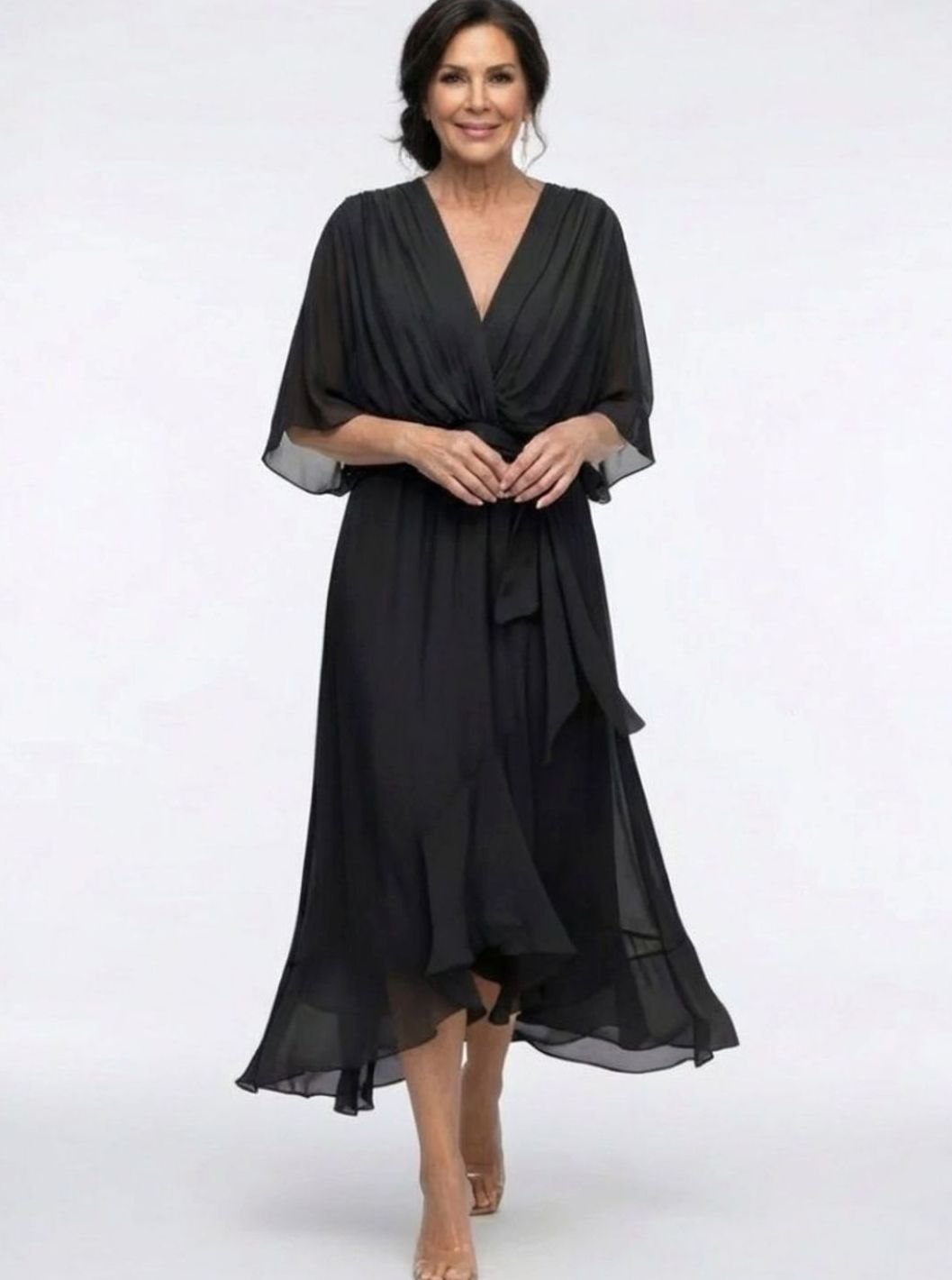 Women's Flowy V-Neck Waist-Tie Chiffon Midi Party Dress