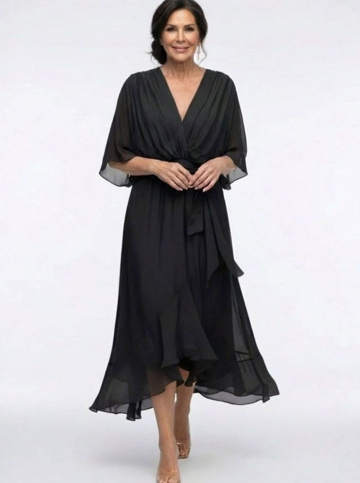 Women's Flowy V-Neck Waist-Tie Chiffon Midi Party Dress
