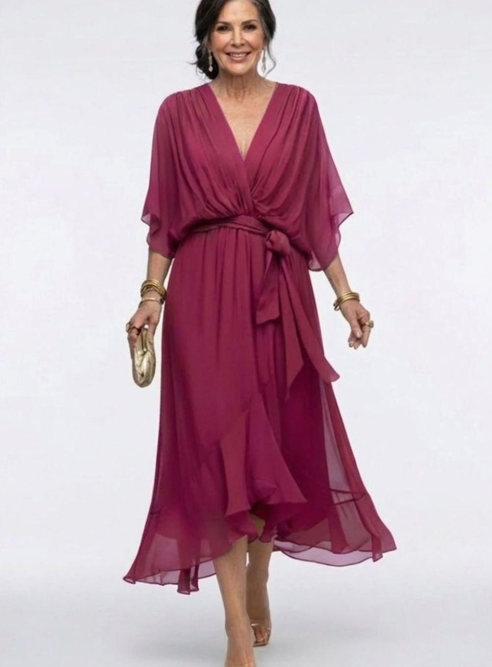 Women's Flowy V-Neck Waist-Tie Chiffon Midi Party Dress