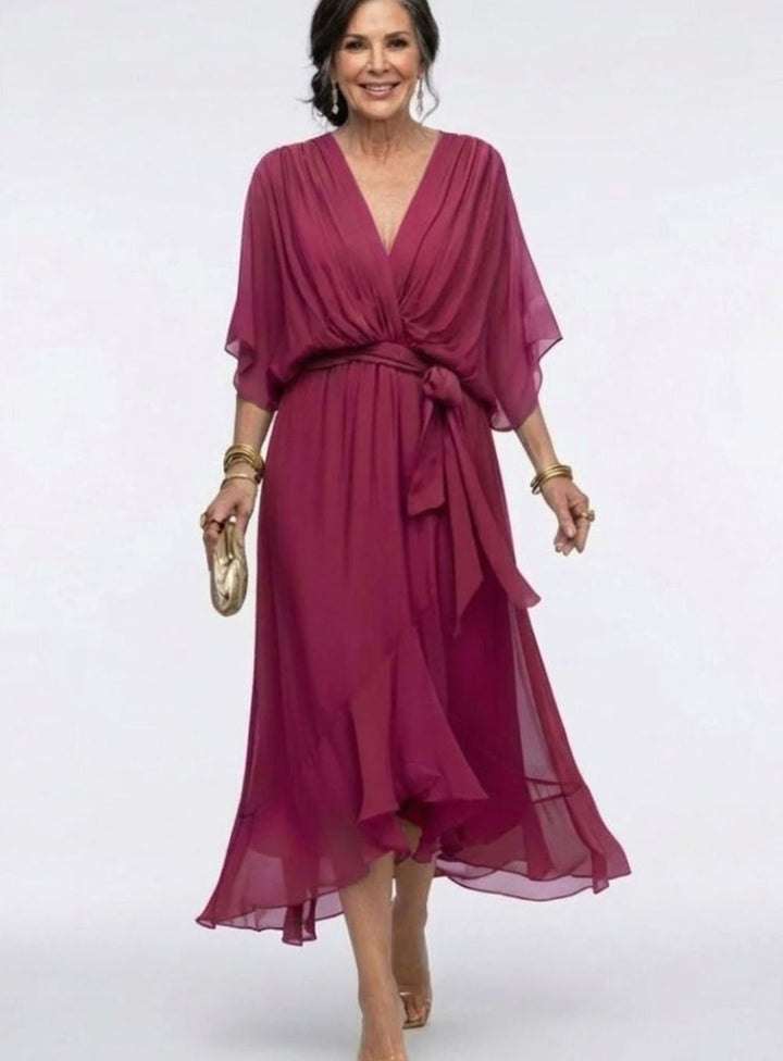 Women's Flowy V-Neck Waist-Tie Chiffon Midi Party Dress