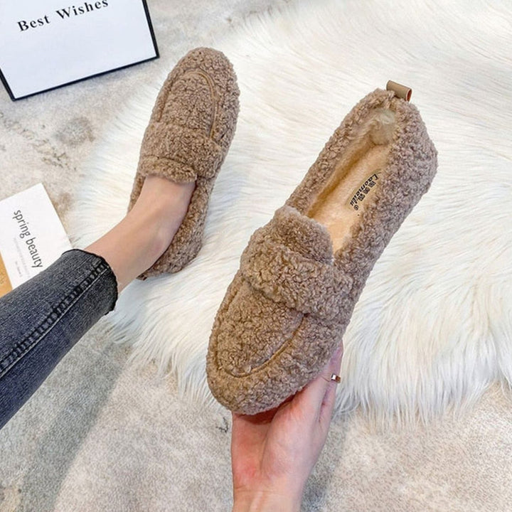 Women's Fluffy Faux Fur Slip-On Loafers - Khaki