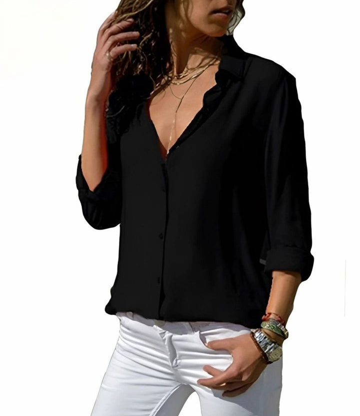 Women's Fluid Classic-Collar Roll-Up Sleeve Relaxed Blouse