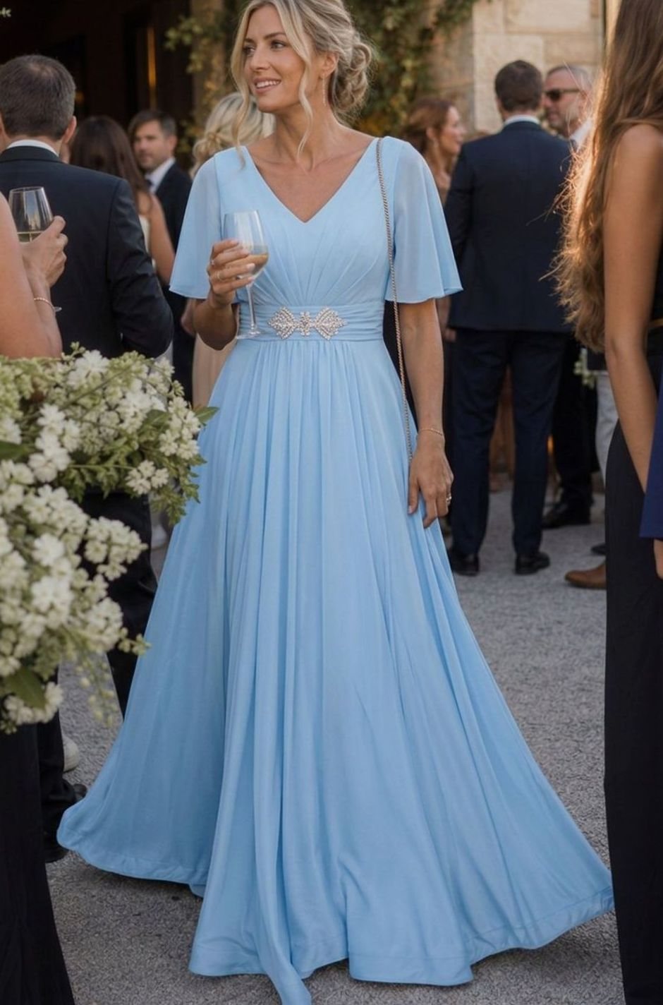 Women's Flutter Sleeve V-Neck Embellished A-Line Maxi Evening Dress