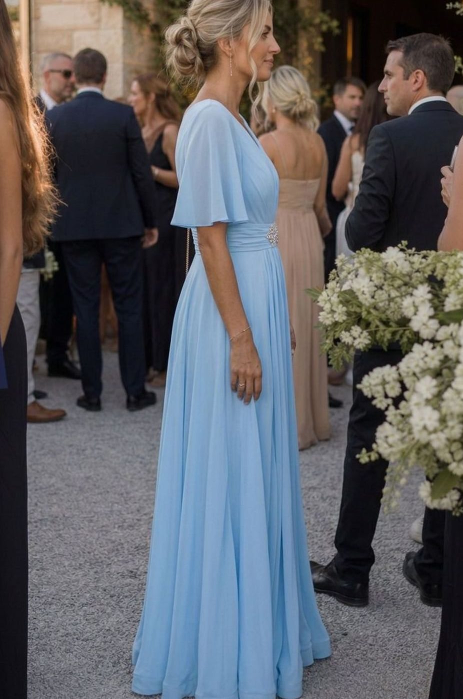 Women's Flutter Sleeve V-Neck Embellished A-Line Maxi Evening Dress, Light Blue