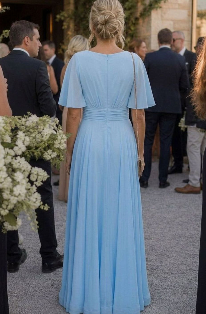 Women's Flutter Sleeve V-Neck Embellished A-Line Maxi Evening Dress, Light Blue