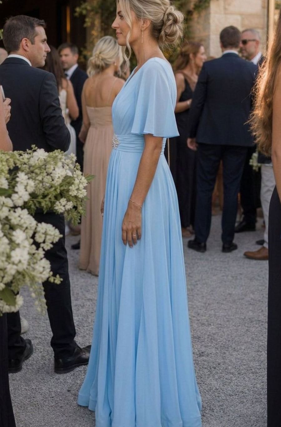 Women's Flutter Sleeve V-Neck Embellished A-Line Maxi Evening Dress, Light Blue