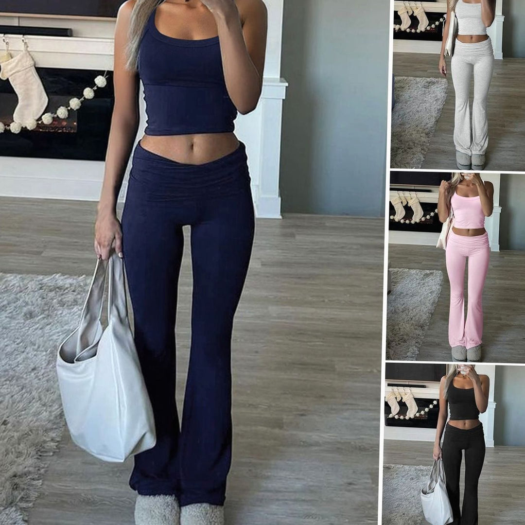 Women's Fold-Over Waist Flared Trousers Crop Top Co-ord Set