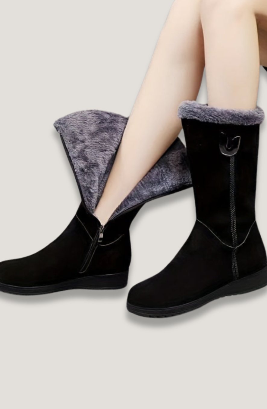 Women's Fur-Lined Mid-Calf Winter Black Boots