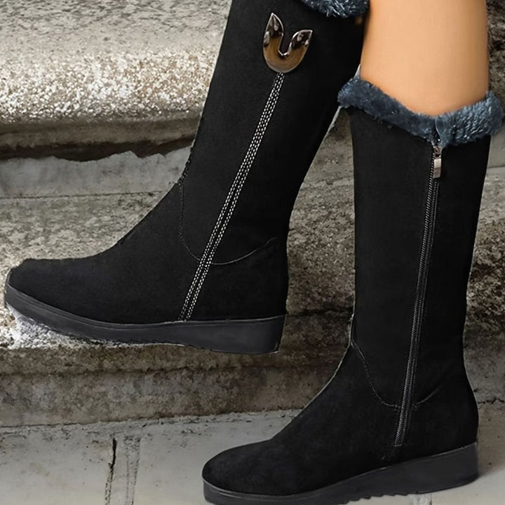 Women's Fur-Lined Mid-Calf Winter Black Boots - Black