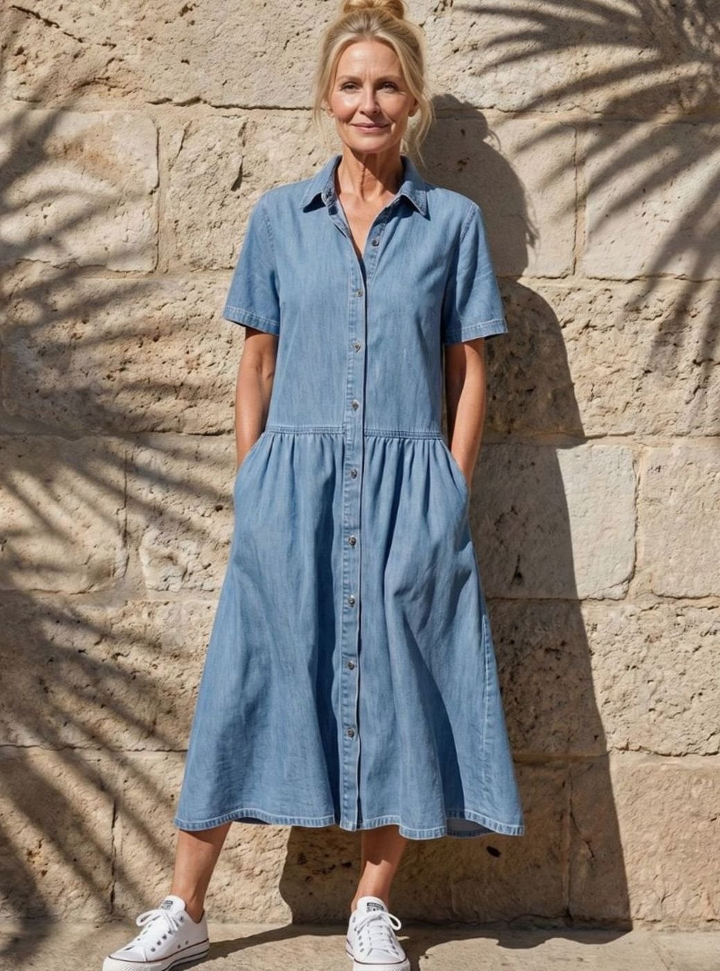 Women's Gathered-Waist Button-Through Denim Midi Shirt Dress, Light Blue