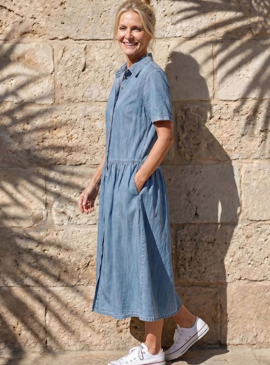 Women's Gathered-Waist Button-Through Denim Midi Shirt Dress, Light Blue