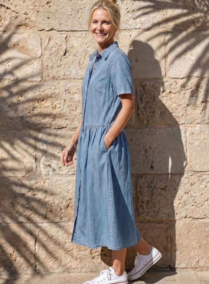 Women's Gathered-Waist Button-Through Denim Midi Shirt Dress, Light Blue